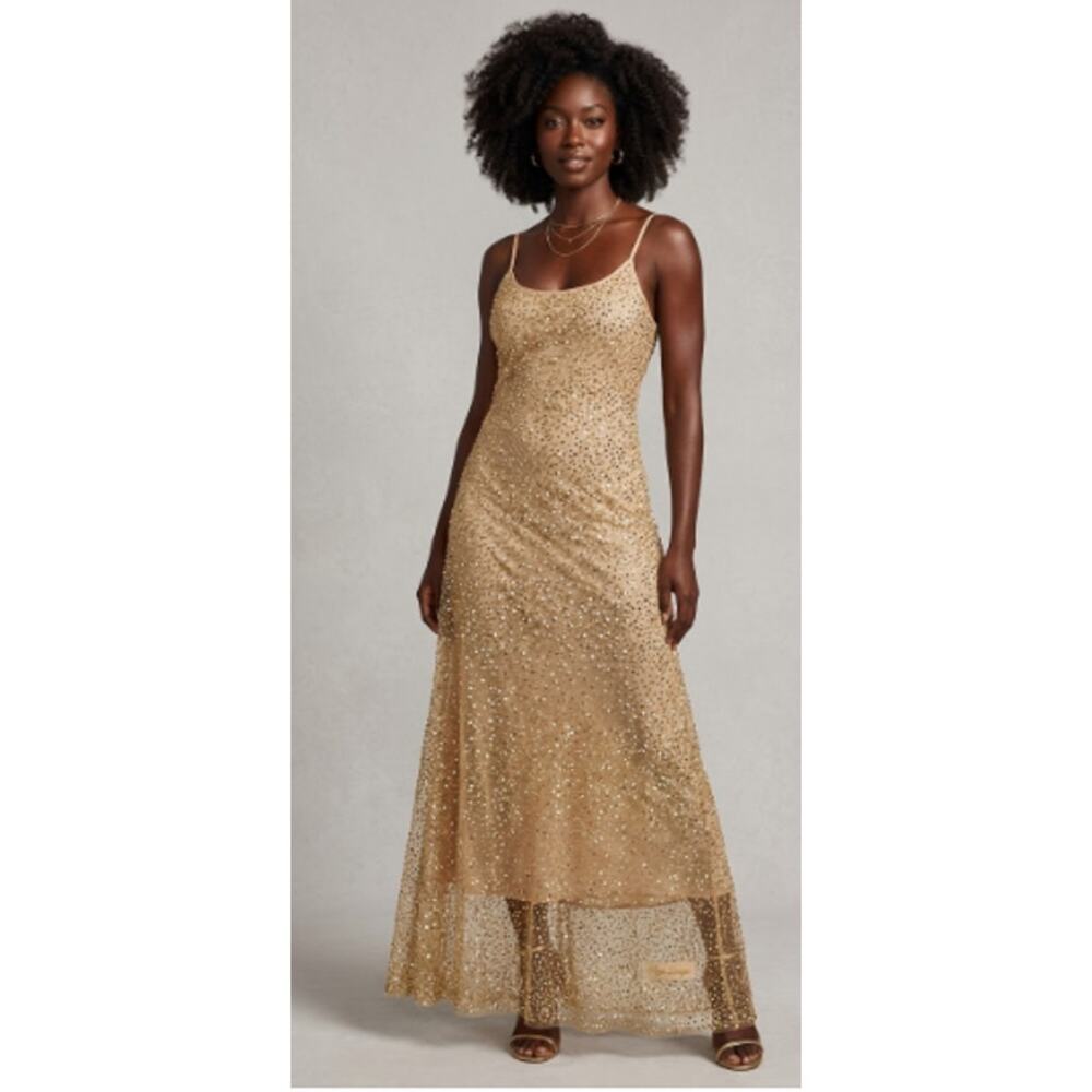 Gold Sheer Dress Sparkle Overlay size Large